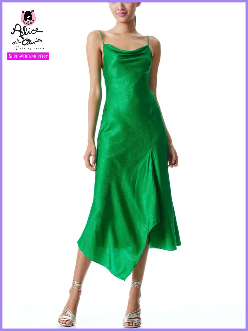Alice + Olivia Harmony Emerald Green Drapey Satin Slip Midi Dress